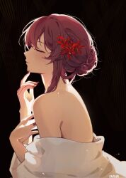 Rule 34 | 1girl, artist name, bare shoulders, black background, closed eyes, closed mouth, commentary, english commentary, finger to own chin, flower, from side, hair bun, hair flower, hair ornament, highres, honkai: star rail, honkai (series), kafka (honkai: star rail), off shoulder, purple hair, red flower, robe, sidelocks, simple background, smile, solo, soufflebune, white robe