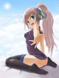 Rule 34 | 1girl, :d, aqua eyes, arched back, arm support, ass, black thighhighs, blush, collar, foreshortening, hair ribbon, highres, legs, long hair, long legs, looking back, no shoes, open mouth, original, outstretched arm, outstretched hand, panties, ponytail, reaching, ribbon, see-through, sitting, ska, sky, smile, solo, sun, thighhighs, thighs, thong, underwear, wariza