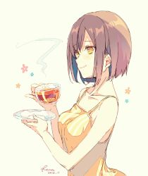 Rule 34 | 1girl, artist name, beige background, blush, breasts, brown hair, camisole, cup, dated, from side, holding, holding cup, holding plate, medium breasts, original, plate, reia, saucer, short hair, simple background, sketch, smile, solo, steam, tea, teacup, yellow eyes