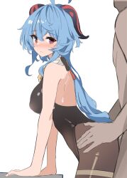 Rule 34 | 1boy, 1girl, ahoge, arm support, ass grab, bare arms, bare shoulders, bell, black leotard, blue hair, blush, bodystocking, bodysuit, breasts, brown pantyhose, closed mouth, clothed female nude male, cowbell, ganyu (genshin impact), genshin impact, goat horns, highres, horns, imminent penetration, kamukamu (ars), leotard, leotard under clothes, long hair, looking at viewer, medium breasts, no gloves, nose blush, nude, pantyhose, red eyes, sex, sex from behind, simple background, sleeveless, solo focus, thighlet, thighs, white background