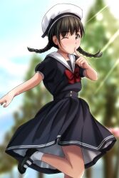 Rule 34 | 1girl, absurdres, beret, black dress, black footwear, black hair, blue sky, blurry, blurry background, blush, braid, brown eyes, cloud, day, depth of field, dress, finger to mouth, hat, highres, long hair, looking at viewer, low twintails, matsunaga kouyou, nose blush, original, outdoors, puffy short sleeves, puffy sleeves, sailor collar, sailor dress, shoes, short sleeves, sky, socks, solo, standing, standing on one leg, twin braids, twintails, white hat, white sailor collar, white socks