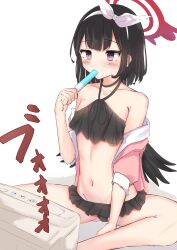 Rule 34 | 1girl, absurdres, air conditioner, arm support, bare shoulders, between legs, bikini, black bikini, black choker, black hair, black wings, blue archive, blush, bow, bow headband, breasts, choker, collarbone, double-parted bangs, food, food in mouth, frilled bikini, frills, halterneck, hand between legs, hand up, headband, highres, holding, holding food, holding popsicle, indian style, jacket, low wings, mashiro (blue archive), mashiro (swimsuit) (blue archive), navel, off shoulder, open clothes, open jacket, pink jacket, popsicle, popsicle in mouth, purple eyes, shadow, simple background, sitting, small breasts, solo, stomach, stoppettanhate, swimsuit, white background, white bow, white headband, wings