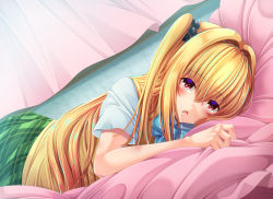 Rule 34 | 1girl, bed, bed sheet, blonde hair, blush, curtains, green skirt, hair intakes, konjiki no yami, long hair, looking at viewer, lying, on stomach, open mouth, plaid, plaid skirt, red eyes, school uniform, sheet grab, shirt, short sleeves, skirt, solo, sweater vest, to love-ru, to love-ru darkness, two side up, upper body, very long hair, white shirt, yanagi no ki, yellow sweater vest