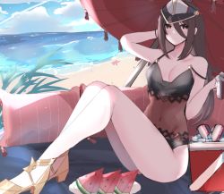 Rule 34 | 1girl, beach, black one-piece swimsuit, breasts, cleavage, dress swimsuit, fishnet swimsuit, food, fruit, highres, juneplums, morag ladair (obligatory leave) (xenoblade), morag ladair (xenoblade), ocean, one-piece swimsuit, small breasts, solo, swimsuit, water, watermelon, xenoblade chronicles (series), xenoblade chronicles 2