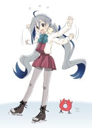 Rule 34 | 1girl, afterimage, ahoge, blue hair, boots, bow, bowtie, commentary, cross-laced footwear, enemy lifebuoy (kancolle), flailing, full body, grey eyes, grey hair, grey pantyhose, ice skates, ice skating, kantai collection, kiyoshimo (kancolle), kujira naoto, long hair, low twintails, multicolored hair, open mouth, pantyhose, simple background, skates, skating, standing, twintails, two-tone hair, very long hair, wavy mouth, white background