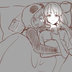 Rule 34 | 2girls, animal costume, cellphone, closed eyes, closed mouth, commentary, from above, greyscale, heanna sumire, highres, holding, holding phone, hug, long hair, love live!, love live! superstar!!, lying, medium hair, monochrome, multiple girls, night, on bed, on side, pajamas, panda costume, phone, sleeping, smartphone, symbol-only commentary, tang keke, under covers, upper body, yeyep0911, yuri