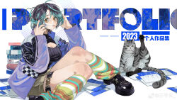 Rule 34 | 1girl, 2023, absurdres, black footwear, black hair, black sweater, book, book stack, breasts, cat, cleavage, cleavage cutout, closed mouth, clothing cutout, colored tips, foot out of frame, green hair, green headphones, grey shorts, hands up, headphones, highres, holding, holding headphones, jacket, looking at viewer, loose socks, medium breasts, multicolored hair, multicolored socks, original, paper, purple jacket, sanmuyun, shorts, socks, solo, sweater, thigh strap, weibo logo, weibo watermark, white background, yellow eyes
