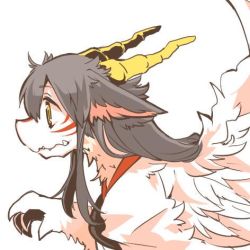 Rule 34 | 10s, 1girl, akagi (kancolle), animal ears, animalization, bad id, bad twitter id, brown hair, dragon, dragon ears, dragon horns, facial tattoo, fang, horns, kantai collection, long hair, lowres, rebecca (keinelove), solo, tattoo, white wings, wings, yellow eyes