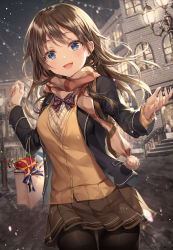 Rule 34 | 1girl, :d, backpack, bag, black jacket, black pantyhose, blazer, blue eyes, bow, bowtie, box, breasts, brown cardigan, brown hair, brown skirt, buttons, candy, candy cane, cardigan, christmas, cowboy shot, food, gift, gift box, highres, jacket, long hair, long sleeves, looking at viewer, medium breasts, miniskirt, night, open clothes, open jacket, open mouth, original, outdoors, pantyhose, paper bag, pavement, plaid, plaid bow, plaid bowtie, plaid neckwear, pleated skirt, r o ha, scarf, skirt, smile, snowing, solo, standing, undershirt, winter, winter clothes