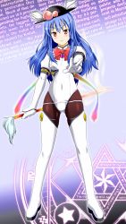 Rule 34 | 1girl, blue hair, blush, boots, cosplay, djibril spica, djibril spica (cosplay), elbow gloves, female focus, food, fruit, gloves, hat, hexagram, highres, hinanawi tenshi, honda takaharu, long hair, magic circle, makai tenshi djibril, makai tenshi djibril 4, one-piece swimsuit, pantyhose, pantyhose under swimsuit, parody, peach, red eyes, school swimsuit, solo, swimsuit, swimsuit costume, sword, sword of hisou, thigh boots, thighhighs, touhou, v, weapon, white school swimsuit, white one-piece swimsuit