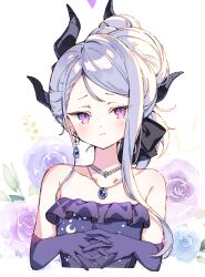 Rule 34 | 1girl, absurdres, bare shoulders, black bow, blue archive, bow, cropped torso, dot nose, dress, earrings, elbow gloves, floral background, flower, gloves, hair bow, highres, hina (blue archive), hina (dress) (blue archive), horns, jewelry, long hair, necklace, own hands together, purple dress, purple eyes, purple gloves, sidelocks, sleeveless, sleeveless dress, starry sky print, strapless, strapless dress, tsurime, upper body, white background, white hair, zoirun