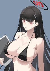 Rule 34 | 1girl, absurdres, bare shoulders, bikini, black bikini, black hair, blue archive, blunt bangs, breasts, closed mouth, grey background, hair ornament, hairclip, halo, highres, holding, holding tablet pc, large breasts, long hair, red eyes, rio (blue archive), simple background, solo, strap gap, string bikini, sweatdrop, swimsuit, tablet pc, upper body, very long hair, yamada hatsune