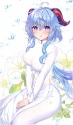 Rule 34 | 1girl, ahoge, alternate costume, blue hair, blush, breasts, bubble, diffraction spikes, flower, ganyu (genshin impact), genshin impact, highres, horns, lens flare, lily (flower), long hair, looking at viewer, purple eyes, school uniform, signature, sitting, vietnamese dress, vietnamese high school uniform, white background
