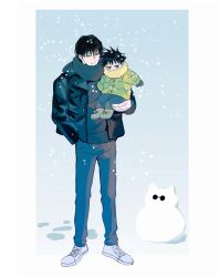 Rule 34 | 2boys, aged down, black hair, blue pants, blue scarf, carrying, carrying person, child, coat, commentary, father and son, full body, fushiguro megumi, fushiguro touji, green eyes, hand in pocket, highres, jacket, jujutsu kaisen, long sleeves, male focus, multiple boys, pants, scar, scar on face, scar on mouth, scarf, shenshan laolin, shoes, short hair, sneakers, snowball, snowing, snowman, standing, symbol-only commentary, winter, winter clothes, winter coat, winter gloves, yellow scarf