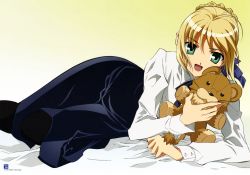 Rule 34 | 1girl, 2000s (style), artoria pendragon (all), artoria pendragon (fate), fate/stay night, fate (series), gradient background, highres, holding, holding stuffed toy, looking at viewer, lying, official art, on side, pantyhose, rotated, saber (fate), scan, solo, stuffed animal, stuffed toy, teddy bear, yellow background