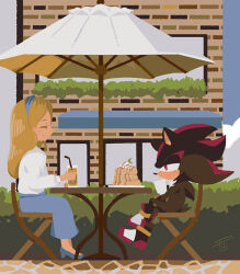 Rule 34 | 1boy, 1girl, blonde hair, blue footwear, chair, closed eyes, cup, drinking straw, food, full body, furry, furry male, holding, holding cup, long sleeves, maria robotnik, noto (noterkgk), outdoors, pancake, pancake stack, puffy long sleeves, puffy sleeves, red eyes, shadow the hedgehog, signature, sitting, sonic (series), table, umbrella