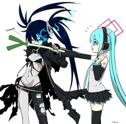 Rule 34 | 2girls, :o, aqua eyes, aqua hair, belt, bikini, black bikini, black gloves, black hair, black jacket, black nails, black rock shooter, black rock shooter (character), black skirt, black thighhighs, blue eyes, breasts, chain, collared shirt, commentary, detached sleeves, eating, english commentary, fingerless gloves, food, from side, front-tie bikini top, front-tie top, gloves, hatsune miku, headphones, highleg, highleg bikini, highres, holding, holding food, jacket, long hair, maho malice, miku day, multiple girls, navel, one eye closed, open clothes, open jacket, pale skin, pants, pleated skirt, profile, scar, scar on chest, scar on stomach, shirt, signature, single bare leg, skirt, sleeveless, sleeveless shirt, small breasts, spring onion, swimsuit, thighhighs, torn clothes, torn pants, twintails, vocaloid, white shirt, zipper