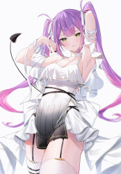 Rule 34 | 1girl, absurdres, armpits, bare shoulders, blush, breasts, choker, cleavage, collarbone, colored inner hair, demon tail, ear piercing, garter straps, green eyes, hair ribbon, highres, hololive, long hair, looking at viewer, medium breasts, multicolored hair, piercing, pink hair, purple hair, ribbon, runlan 0329, solo, streaked hair, tail, tail ornament, tail piercing, thighhighs, thighs, tokoyami towa, twintails, virtual youtuber, white background, white choker, white ribbon, white thighhighs
