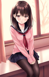 Rule 34 | 1girl, bare tree, black pantyhose, black sailor collar, black skirt, blush, breasts, brown eyes, brown hair, commentary request, curtains, feet out of frame, hair between eyes, highres, long hair, long sleeves, looking at viewer, neckerchief, original, pantyhose, parted lips, pink sweater, pleated skirt, red neckerchief, sailor collar, school uniform, serafuku, shirt, sitting, sitting in window, skirt, sleeves past wrists, small breasts, solo, sweater, tree, white shirt, window, yukimaru217