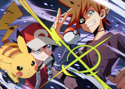 Rule 34 | 2boys, bad id, bad pixiv id, baseball cap, black hair, black wristband, blue oak, brown hair, closed mouth, commentary, creatures (company), fingernails, game freak, gen 1 pokemon, hat, jacket, jewelry, male focus, multiple boys, necklace, nintendo, on shoulder, pikachu, poke ball, poke ball (basic), pokemon, pokemon (creature), pokemon frlg, pokemon on shoulder, pokemon rgby, red (pokemon), smile, spiked hair, teeth, vs seeker, wokome, wristband, yellow eyes