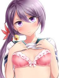 Rule 34 | 10s, 1girl, akebono (kancolle), bell, blush, bow, bow bra, bra, breasts, clothes lift, flower, hair bell, hair flower, hair ornament, head tilt, highres, jingle bell, kantai collection, long hair, looking at viewer, neit ni sei, pink bra, purple eyes, purple hair, school uniform, serafuku, shirt lift, side ponytail, simple background, small breasts, solo, tears, underwear, upper body, very long hair, white background
