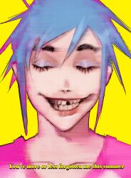Rule 34 | 1boy, absurdres, blue eyeshadow, blue hair, collarbone, commentary, english text, eyelashes, eyeshadow, gorillaz, grin, highres, makeup, male focus, missing tooth, pink shirt, portrait, shirt, smile, solo, stuart pot, subtitled, xyanaid, yellow background
