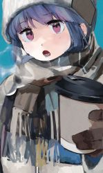 Rule 34 | 1girl, absurdres, beanie, blue hair, blue sky, close-up, commentary request, cup, disposable cup, gloves, hat, highres, holding, holding cup, light blush, long hair, long sleeves, looking at viewer, maegami (daisuki oekaki1), open mouth, purple eyes, scarf, shima rin, sky, solo, steam, upper body, woollen cap, yurucamp