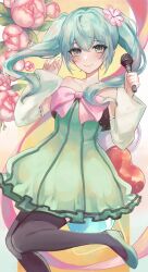 Rule 34 | 1girl, absurdres, aqua eyes, aqua hair, bare shoulders, black thighhighs, colorful x melody (vocaloid), commentary, detached sleeves, dress, flower, green dress, hair flower, hair ornament, hatsune miku, highres, holding, holding microphone, microphone, ribbon-trimmed sleeves, ribbon trim, smile, solo, strapless, strapless dress, tako yuui, thighhighs, twintails, vocaloid
