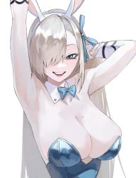 Rule 34 | animal ears, armpits, asuna (blue archive), asuna (bunny) (blue archive), bare shoulders, blonde hair, blue archive, blue eyes, bow, bowtie, breasts, detached collar, fake animal ears, gloves, hair over one eye, highres, kawatiw, large breasts, leotard, long hair, mole, mole on breast, playboy bunny, white gloves