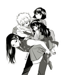 Rule 34 | 1other, 3boys, :o, alluka zoldyck, b luna14, back bow, bent over, bob cut, boots, bow, brothers, carrying, closed mouth, crossdressing, frown, greyscale, hairband, hand on another&#039;s arm, hands on another&#039;s head, highres, hunter x hunter, illumi zoldyck, indian style, japanese clothes, kalluto zoldyck, killua zoldyck, kimono, layered sleeves, long hair, long sleeves, looking at another, looking away, looking back, looking down, looking to the side, male focus, monochrome, multi-tied hair, multiple boys, open mouth, pants, piggyback, sash, shoe soles, short hair, short over long sleeves, short sleeves, shorts, siblings, sidelocks, simple background, sitting, sitting on person, sleeveless, trap, twitter username