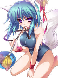 Rule 34 | 1girl, animal ears, baton, blue hair, blush, bowl, breasts, dog ears, dog tail, highres, leash, leotard, looking at viewer, monety, mouth hold, original, pet, pet bowl, pet food, purple eyes, short hair, solo, tail, wristband