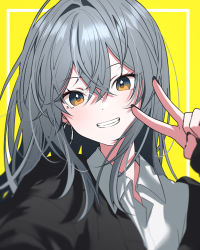 Rule 34 | 1girl, amopui, bad id, bad pixiv id, black nails, blurry vision, brown eyes, clothing request, collared shirt, commentary, earrings, framed, grey hair, hair between eyes, hand up, highres, jewelry, long hair, long sleeves, looking at viewer, nail polish, original, shirt, simple background, smile, solo, symbol-only commentary, teeth, upper body, v, white shirt, yellow background