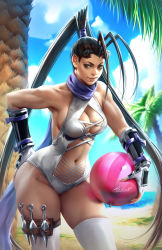 Rule 34 | 1girl, aleriia v, armlet, ass, bad link, ball, beach, beachball, breasts, brown hair, capcom, cleavage, cleavage cutout, clothing cutout, coconut tree, fingerless gloves, gloves, hand on own ass, highres, ibuki (street fighter), kunai, large breasts, long hair, looking at viewer, navel, ninja, ocean, one-piece swimsuit, palm tree, purple scarf, revealing clothes, scarf, street fighter, street fighter iii (series), swimsuit, thighhighs, toned, tree, very long hair, weapon, white thighhighs