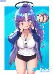 Rule 34 | 1girl, absurdres, blue archive, blue jacket, breasts, buruma, cleavage, collarbone, crying, gym uniform, halo, highres, jacket, jewelry, kkato, large breasts, long hair, looking at viewer, name tag, official alternate costume, official alternate hairstyle, ponytail, marriage proposal, purple eyes, purple hair, ring, solo, tank top, white tank top, yuuka (blue archive)
