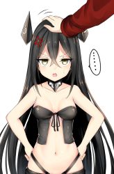 Rule 34 | ..., 1girl, bare shoulders, black hair, breasts, chixiao, collarbone, crossed bangs, fang, girls&#039; frontline, griffin &amp; kryuger military uniform, hair between eyes, hand on another&#039;s head, hands on own hips, headpat, highres, jitome, judge (girls&#039; frontline), looking at viewer, medium breasts, navel, open mouth, out of frame, pov, sangvis ferri, simple background, solo focus, spoken ellipsis, sweatdrop, upper body, white background