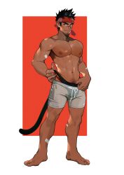 Rule 34 | 1boy, abs, bandaid, bandaid on arm, bara, black male swimwear, black shirt, blouse, bulge, cat tail, check copyright, clothes pull, copyright request, dark-skinned male, dark skin, facial hair, forked eyebrows, full body, goatee, headband, large pectorals, male focus, male swimwear, mature male, muscular, muscular male, navel, navel hair, nipples, one-piece swimsuit pull, original, pectorals, pulling own clothes, scar, scar on face, scar on nose, seductive smile, see-through, see-through legwear, see-through shorts, shirt, short hair, shorts, sideburns, smile, solo, stomach, swim briefs, tail, thick eyebrows, thighs, topless male, white shorts, yaowu