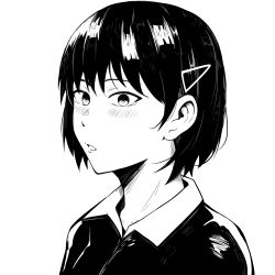 Rule 34 | 1girl, anetani anne, black hair, blush, bob cut, close-up, greyscale, hair ornament, hair strand, hairclip, highres, jacket, looking at viewer, monochrome, murenase! shiiton gakuen, noocmi, parted lips, portrait, short hair, simple background, solo, white background