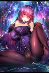 Rule 34 | 1girl, ass, bad id, bad pixiv id, bare shoulders, black pantyhose, blush, bodysuit, breasts, commentary request, fate/grand order, fate (series), fur trim, hair between eyes, hair ornament, half-closed eyes, highres, large breasts, long hair, looking at viewer, no shoes, open mouth, pantyhose, purple hair, red eyes, scathach (fate), scathach skadi (fate), silly (marinkomoe), sitting, solo, teeth