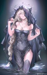 Rule 34 | 1girl, absurdres, bare arms, black dress, black thighhighs, blonde hair, blue eyes, breasts, cross, cross necklace, crying, crying with eyes open, deadprince, dress, halo, highres, jewelry, long hair, medium breasts, mole, mole under eye, necklace, open mouth, original, sleeveless, sleeveless dress, solo, strap slip, tears, thighhighs, veil, very long hair