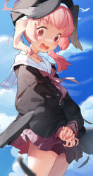 Rule 34 | 1girl, @ @, absurdres, beret, black hat, black wings, blue archive, blue sky, blush, brown skirt, cloud, commentary, halo, hashtag-only commentary, hat, head wings, highres, koharu (blue archive), long sleeves, looking at viewer, nijiko uro, outdoors, pink eyes, pink hair, pleated skirt, school uniform, skirt, sky, solo, twintails, wings