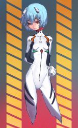 Rule 34 | 1girl, artist request, ayanami rei, blue hair, bodysuit, breasts, expressionless, interface headset, kazeto, long hair, neon genesis evangelion, plugsuit, red hair, shiny clothes, short hair, simple background, skin tight, small breasts, solo