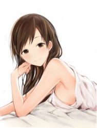 Rule 34 | 1girl, armpits, bare arms, bare shoulders, bed sheet, breasts, brown eyes, brown hair, closed mouth, from side, idolmaster, idolmaster cinderella girls, long hair, looking at viewer, looking to the side, lying, medium breasts, nannacy7, nitta minami, on stomach, shirt, simple background, sleeveless, sleeveless shirt, smile, solo, white background, white shirt