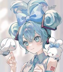 Rule 34 | 1girl, absurdres, aqua eyes, aqua hair, aqua necktie, bare shoulders, blue bow, blush, bow, cinnamiku, cinnamoroll, closed mouth, collared shirt, commentary request, cosplay, creature, crossed bangs, folded twintails, grey shirt, hair between eyes, hair bow, hair ornament, hand up, hatsune miku, hatsune miku (cosplay), headphones, highres, huge bow, long hair, looking at another, necktie, number tattoo, sanrio, shirt, shoulder tattoo, signature, sleeveless, sleeveless shirt, smile, tattoo, tetra mmm, upper body, vocaloid