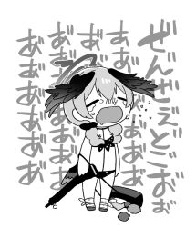 Rule 34 | 1girl, bikini, blue archive, closed eyes, commentary request, crying, greyscale, gun, halo, head wings, holding, holding gun, holding weapon, koharu (blue archive), koharu (swimsuit) (blue archive), kurunanocircle, low twintails, low wings, monochrome, open mouth, smile, solo, swimsuit, translated, twintails, weapon, winged halo, wings