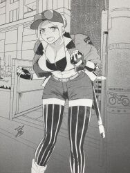 Rule 34 | 1girl, baseball cap, baton (weapon), breasts, cleavage, eyewear on head, final fight, fingerless gloves, gloves, hat, highres, hiroshi mono, large breasts, lucia morgan, monochrome, police, police uniform, policewoman, screentones, short shorts, shorts, solo, street fighter, street fighter v, striped clothes, striped thighhighs, thighhighs, uniform, weapon