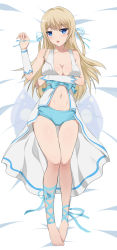 Rule 34 | 10s, 1girl, amagi brilliant park, barefoot, blonde hair, blue eyes, breasts, cleavage, dakimakura (medium), dress, fairy wings, full body, highres, large breasts, long hair, lying, navel, on back, ribbon, short shorts, shorts, showgirl skirt, solo, sylphy (amaburi), thigh gap, twintails, two side up, wings, ximei