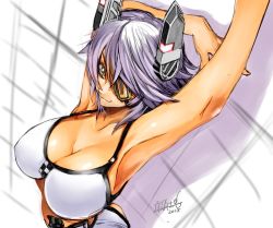 Rule 34 | 1girl, arched back, arm behind head, armpits, arms up, ass, bikini, breasts, cleavage, closed mouth, collarbone, eyepatch, from above, from side, funaya sakichi, headgear, kantai collection, large breasts, looking at viewer, looking up, medium hair, outstretched arm, purple hair, signature, sketch, smile, solo, strap gap, swept bangs, swimsuit, tenryuu (kancolle), twisted torso, upper body, yellow eyes