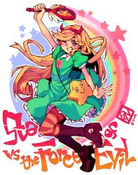 Rule 34 | 1girl, bag, blonde hair, blue eyes, blush, boots, dress, fake horns, green dress, hairband, handbag, heart, heart cheeks, highres, horned headwear, horns, long hair, one eye closed, pantyhose, poch4n, rainbow, signature, skirt, smile, solo, star (symbol), star butterfly, star vs the forces of evil, striped clothes, striped pantyhose, teeth, wand