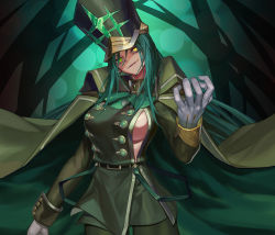 Rule 34 | 1girl, absurdres, alchemy stars, ascot, black headwear, breasts, closed mouth, cowboy shot, gloves, green ascot, green eyes, green hair, head tilt, heterochromia, highres, jacket, jacket on shoulders, large breasts, long hair, long sleeves, looking at viewer, migard (alchemy stars), military, military uniform, sideboob, smile, solo, ttt (titatuem), uniform, very long hair, white gloves, yellow eyes