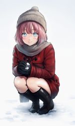 Rule 34 | 1girl, aqua eyes, beanie, black footwear, black gloves, boots, closed mouth, coat, full body, gloves, grey beanie, grey hat, grey scarf, hat, highres, knee boots, long sleeves, original, pink hair, pom pom (clothes), pom pom beanie, reco (fortunequest), red coat, scarf, short hair, smile, snow, solo, squatting, white background